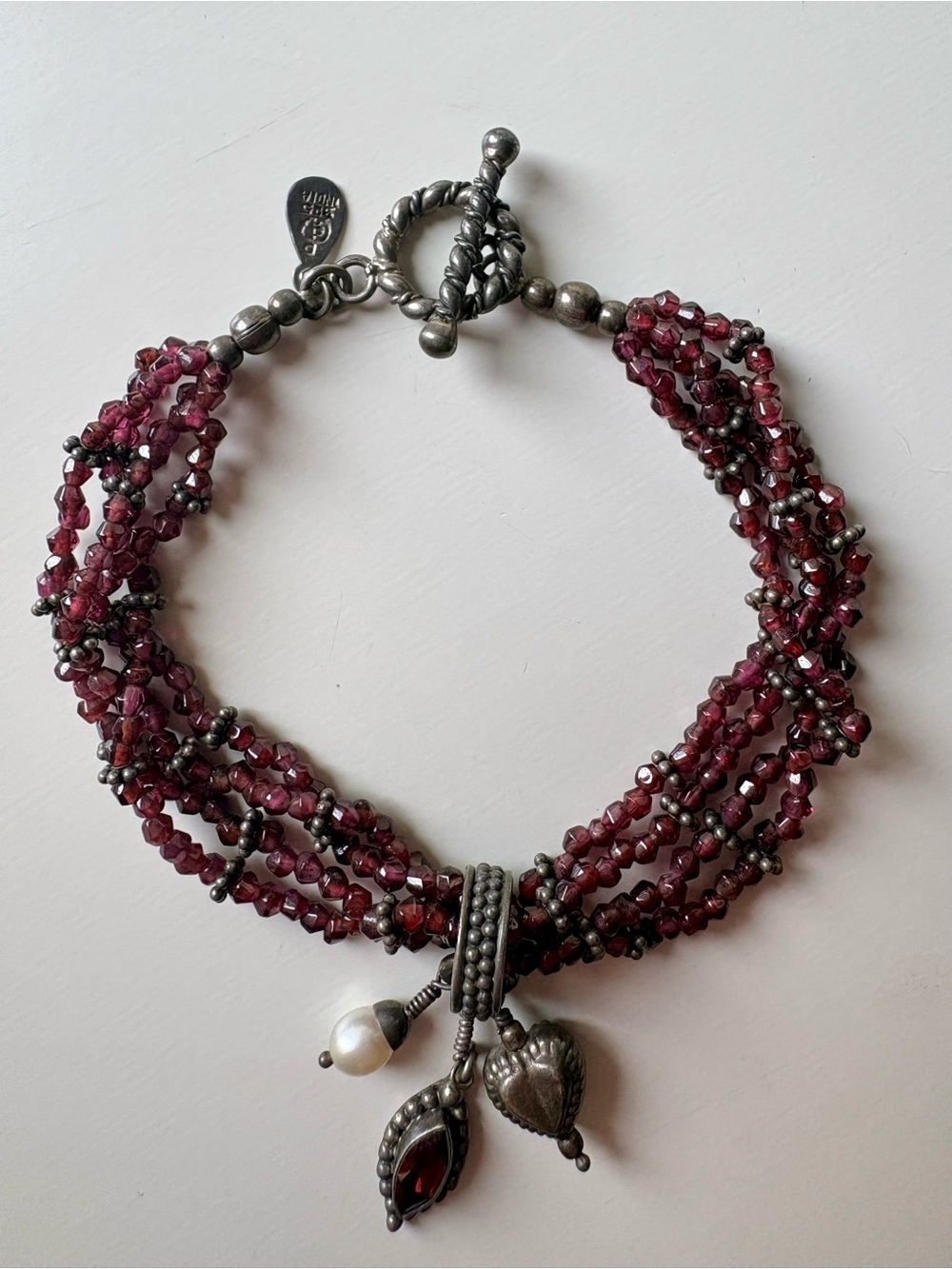 Doug Paulus Vintage Sterling Silver Garnet Beaded Multi-Strand Bracelet Charms